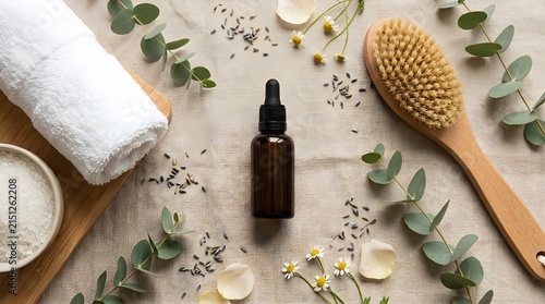 Natural skincare products featuring a dark glass bottle with dropper alongside a beautiful wooden massage tool resting on soft linen fabric