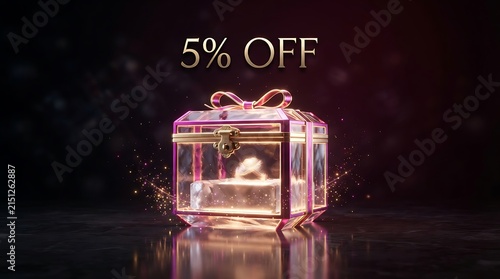 Glowing transparent gift box with 5 percent discount offer for luxury retail promotion