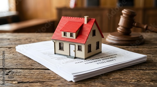 A tiny house model sits on top of official paperwork with a wooden gavel close by symbolizing property law and real estate