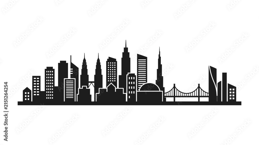 Fototapeta premium Black silhouette of a modern cityscape with bridge.