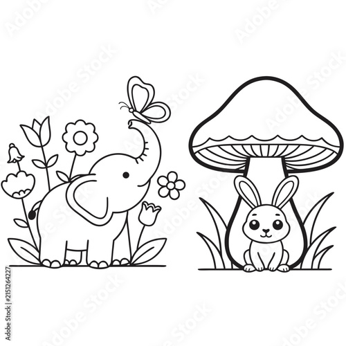 Garden Friends – Elephant Bunny & Mushroom Coloring Page