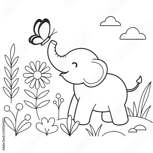 Baby Elephant & Butterfly – Cute Kids Coloring Page