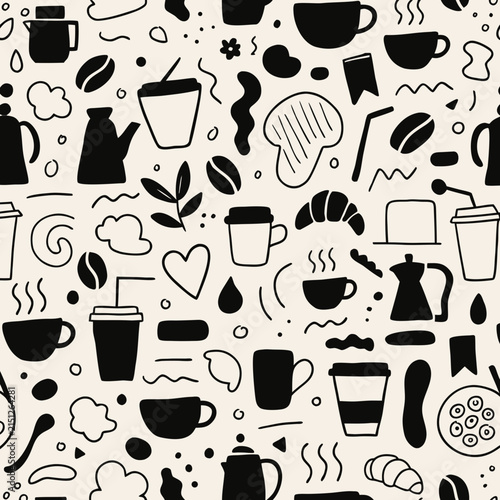 Coffee Seamless Pattern with Cups Croissant and Beans Illustration