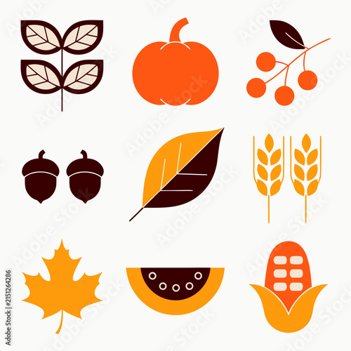 Autumn Harvest Icon Set with Pumpkin Leaves and Corn Illustration