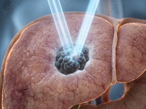 Medical 3D rendering of targeted radiation beam destroying cancer tumor on organ tissue