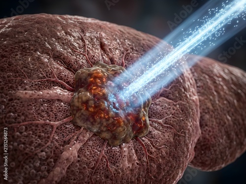 Close-up 3D visual of high-energy radiation ray targeting malignant tumor cell tissue