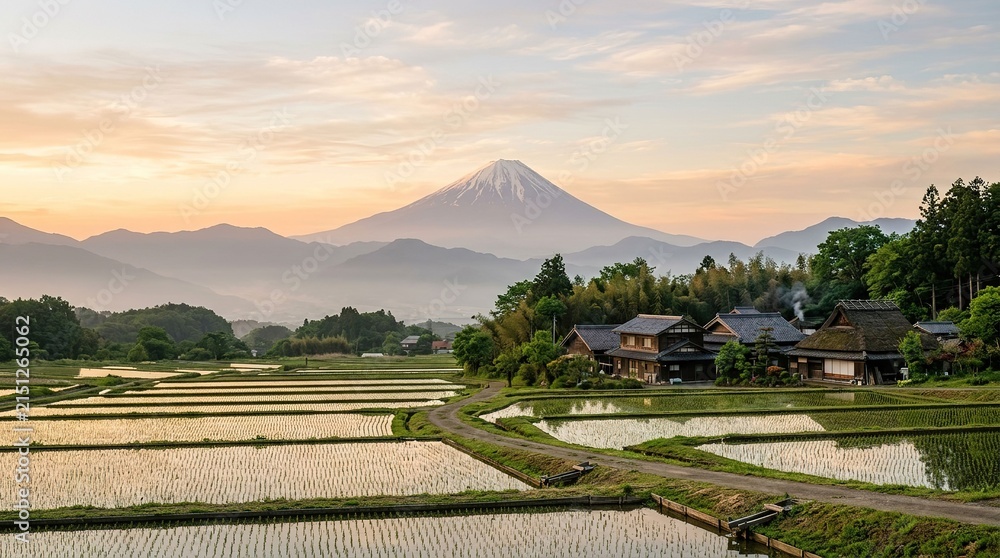 Fototapeta premium Rural landscape with reflection of distant mountain and village