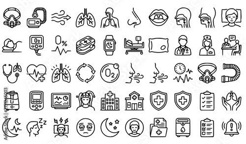 Sleep Apnea and Respiratory Health Outline Icons with CPAP Breathing Lungs and Healthcare Symbols