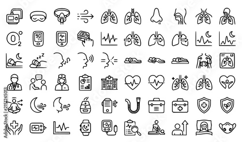 Respiratory Healthcare and Sleep Wellness Outline Icons with Breathing CPAP Lungs and Medical Devices
