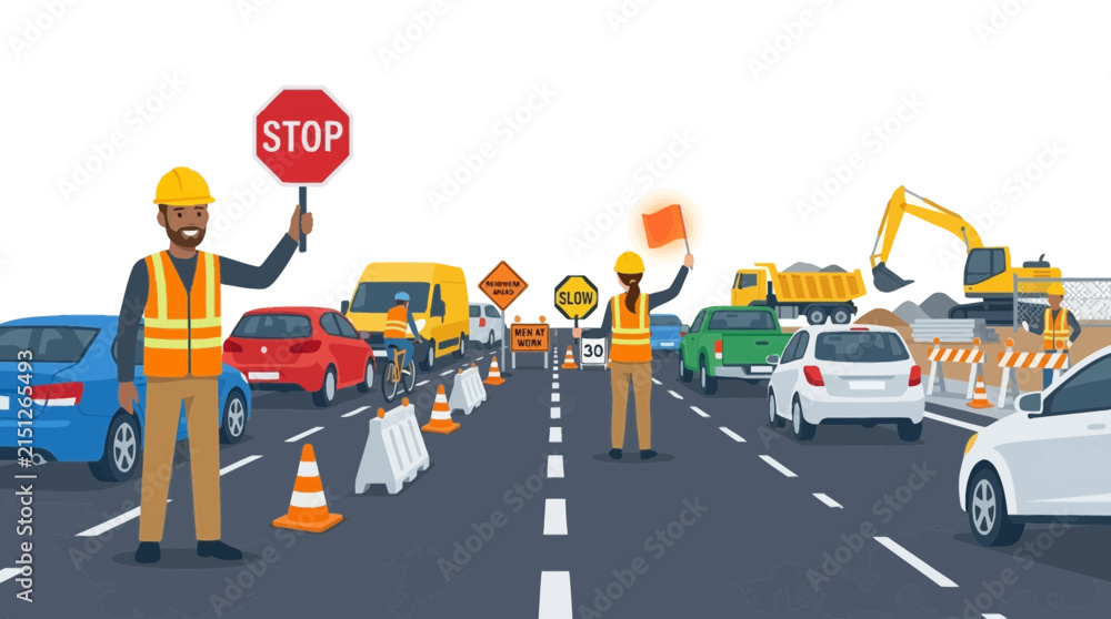 Naklejka premium Construction workers directing traffic on busy road with vehicles