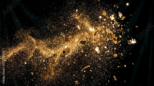 Bild auf Leinwand Abstract background of exploding golden confetti and glitter particles floating in dark night atmosphere