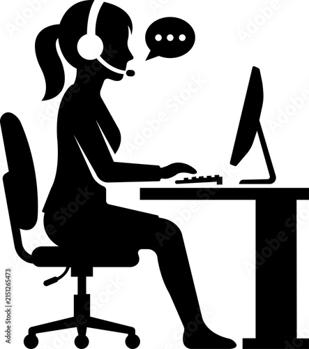 Customer Support Representative Working on Laptop – Call Center and Help Desk Silhouette Illustration PNG