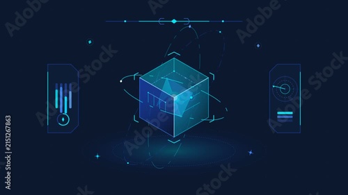 Futuristic HUD cube hologram spinning with data interfaces in cyberspace