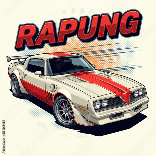 Illustration of a classic muscle car with cream and red stripes, featuring a prominent rear wing, set against a dynamic background with the word RAPUNG in bold red letters above.