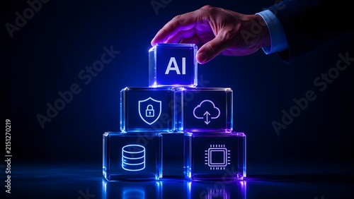 Human hand carefully places the Artificial Intelligence cube atop a foundational stack of cloud computing, cybersecurity, database, and processor blocks.