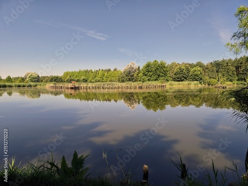 A lake in Białobok Arboretum in Lower Stradom with a wooden platform on the lake