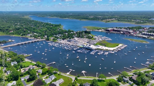 Barrington Yacht Club aerial view at Tyler Point in town of Barrington, Rhode Island RI, USA. Tyler Point located at the mouth of Palmer River into Barrington River. 