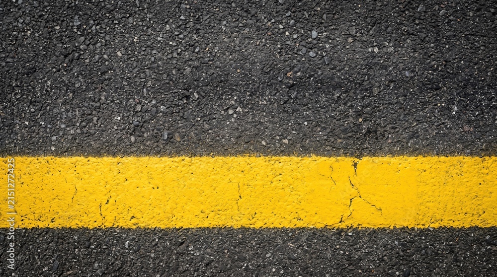 Fototapeta premium Solid yellow line painted across dark textured asphalt road surface