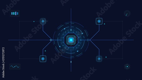 Futuristic HUD interface with glowing blue tech elements and circular target