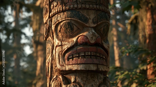Ancient carved wooden totem pole with fierce face in sunlit forest setting evoking heritage and mystery