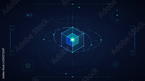 Futuristic HUD interface with glowing rotating cube hologram in cyberspace