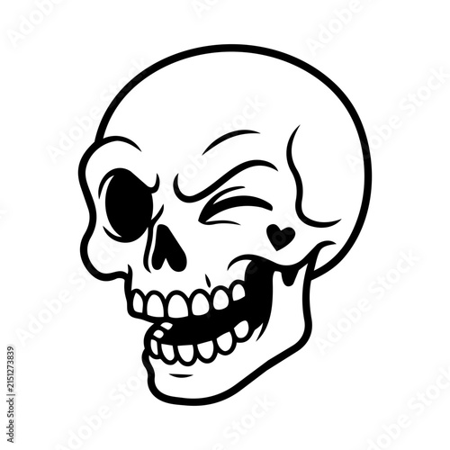 Winking Skull with Heart, Black and White Line Art Illustration