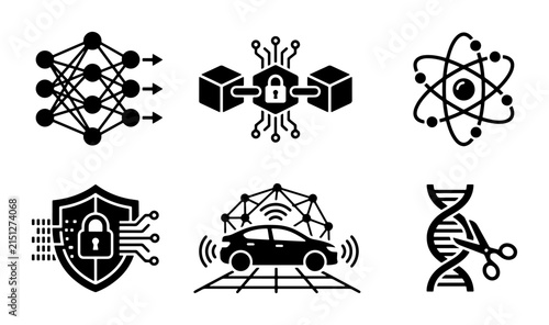 Foto Technology Icons: AI, Blockchain, Quantum, Security, Autonomous Car, DNA Editing