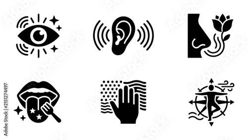 Six Senses Icons: Vision, Hearing, Smell, Taste, Touch, Balance Vector Set
