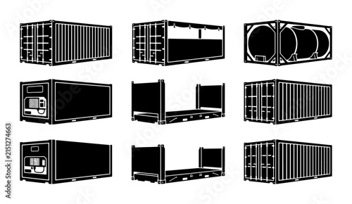 Shipping Container Set, Cargo Transport Icons, Logistics Industry Vector Graphics, Freight Storage Units