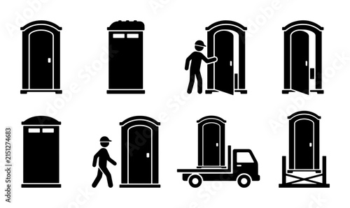 Portable Toilet Icons Set, Construction Site Sanitation Facilities, Mobile Lavatory Vector Graphics