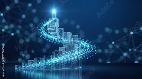 A sleek digital bar chart with swirling light trails and network connections, representing data analytics, artificial intelligence, and strategic business growth in a high-tech corporate concept.