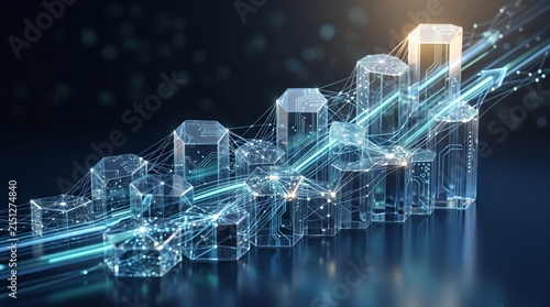 Abstract digital representation of financial growth and data analytics, featuring glowing glass hexagonal pillars connected by light trails, symbolizing business success, technology, and market trends
