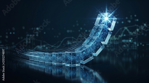 Dynamic 3D render of rising glass cubes forming an upward trend graph, illuminated by bright blue light particles, symbolizing financial success, stock market growth, and positive business results.