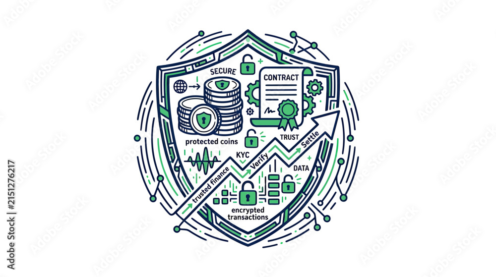 Obraz premium Secure digital finance shield with contract and coins