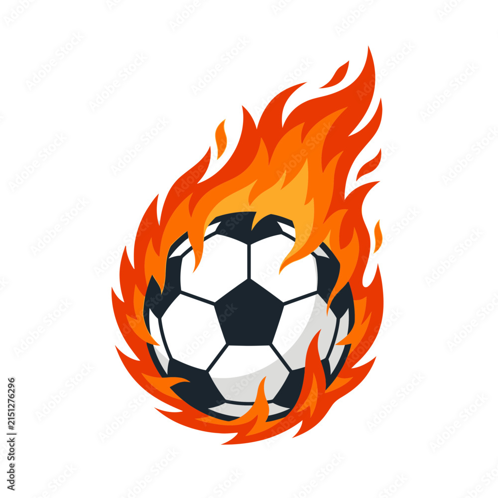 Fototapeta premium Vector illustration of a soccer ball engulfed in orange fire flames for sports competition.