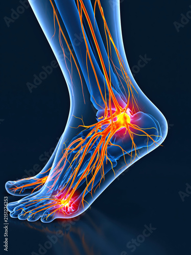 3D Medical Illustration of Foot and Ankle Nerve Pain with Glowing Neural Pathways