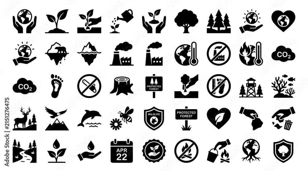 Fototapeta premium Environment protection, climate change, and ecology solid icon set. Includes symbols for earth, plants, forest, and pollution for global sustainability and conservation efforts.