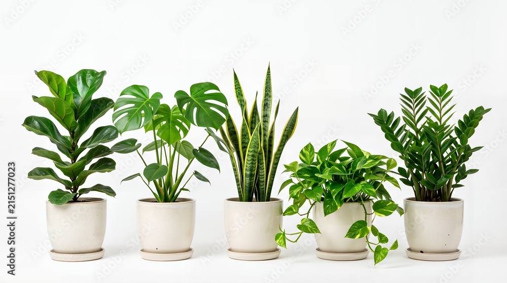 Fototapeta premium Row of Five Common Houseplants in White Ceramic Pots Isolated on White Background