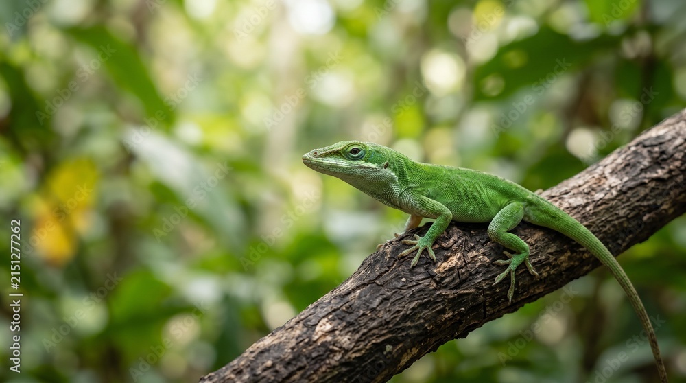 Fototapeta premium Green lizard on tree Branch