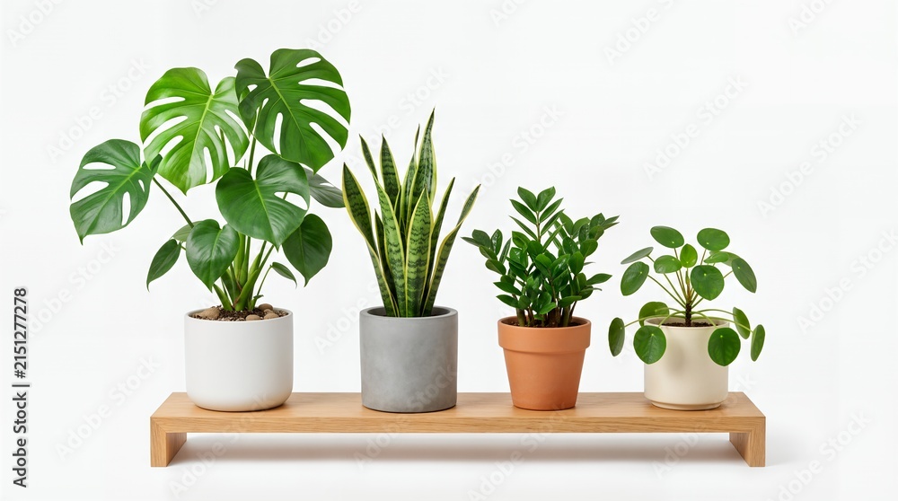 Fototapeta premium Assorted popular houseplants including Monstera and Snake Plant in minimalist pots on a wooden shelf against a white background