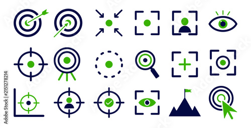  Flat design target and focus icons set with crosshair, eye, and aim symbols for precision marketing