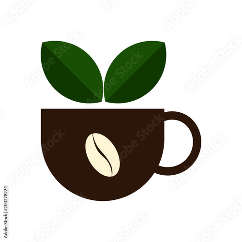 Minimalist coffee cup with fresh coffee bean leaf decoration on transparent background