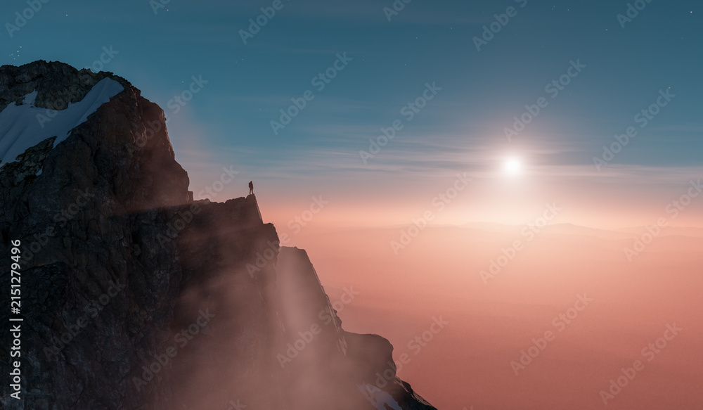 Fototapeta premium Solitary Hiker Standing On Mountain Peak At Sunrise Over Misty Horizon — Achievement And Solitude