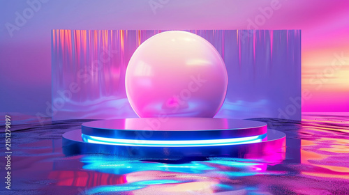 Futuristic 3D Stage Podium with Sphere Neon Liquid Gradient Lights and Water Reflection