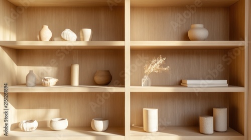 Wooden shelves with decorative items daylight