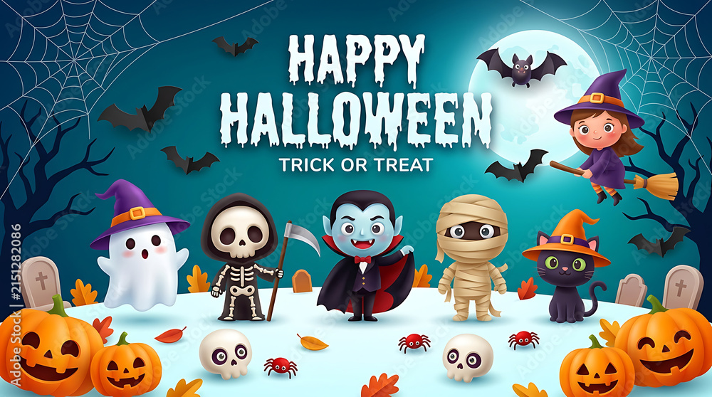 Fototapeta premium Happy halloween trick or treat banner with cute cartoon characters