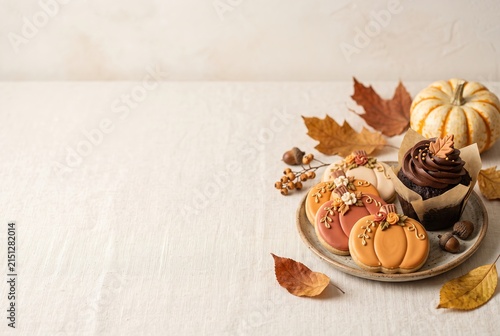 Baked goods are arranged on a plate. There are cookies with decorations and a cupcake topped with frosting. Fall leaves and a small pumpkin are nearby