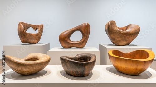 Wooden sculptures displayed in an art gallery