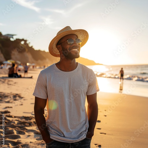 Man in traditional attire standing on sandy beach.