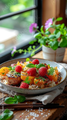 Colorful vegetable pizza on wooden board.